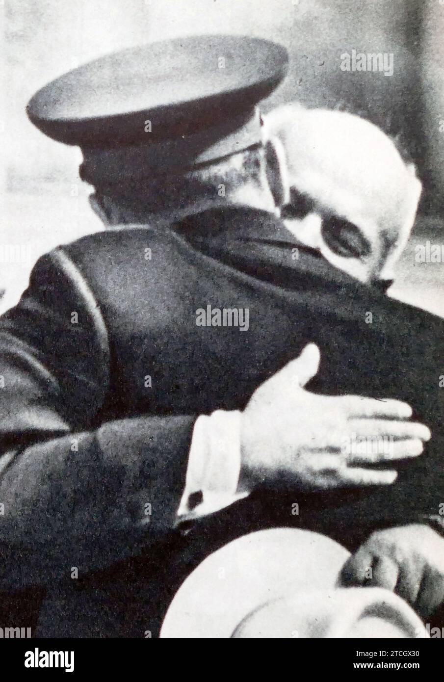 N. S. Khrushchev welcomes the cosmonaut Yuri Gagarin. 1961. Stock Photo