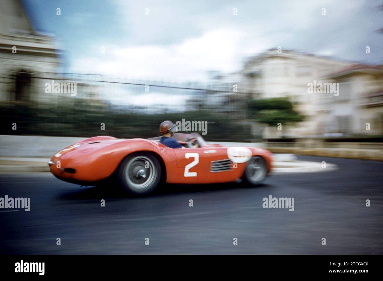 HAVANA, CUBA - FEBRUARY 24:  Juan Manuel Fangio (1911-1995) driver of the #2 Maserati 300S races during the 1957 Cuban Grand Prix on February 24, 1957 in Havana, Cuba.  Fangio would win the race. (Photo by Hy Peskin) *** Local Caption *** Juan Manuel Fangio Stock Photo