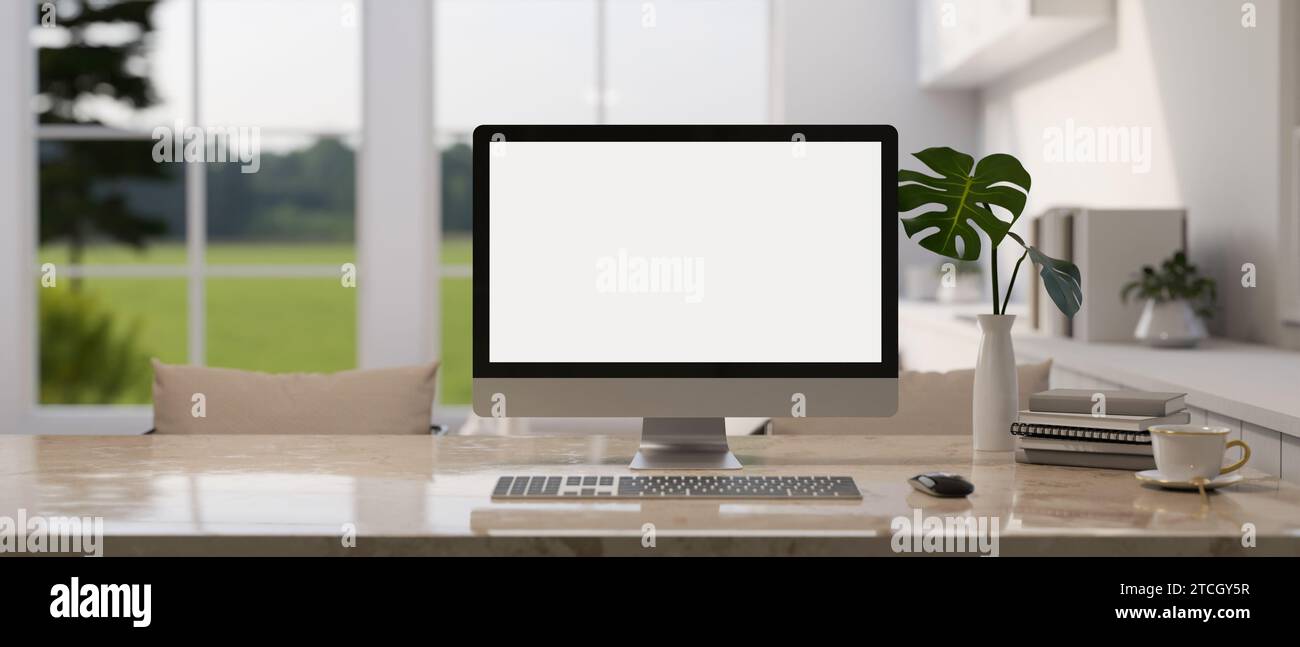 Modern bright living room with a PC computer white-screen mockup on a ...