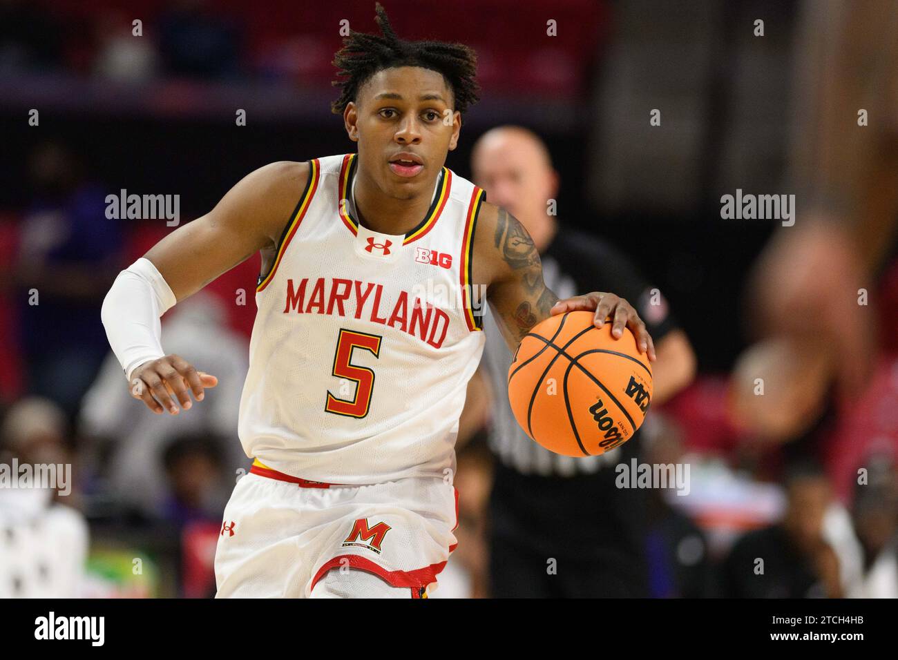 College Park, MD, USA. 12th Dec, 2023. Maryland Terrapins guard DeShawn Harris-Smith (5) dribbles the ball during the NCAA basketball game between the Alcorn State Braves and the Maryland Terrapins at Xfinity Center in College Park, MD. Reggie Hildred/CSM/Alamy Live News Stock Photo