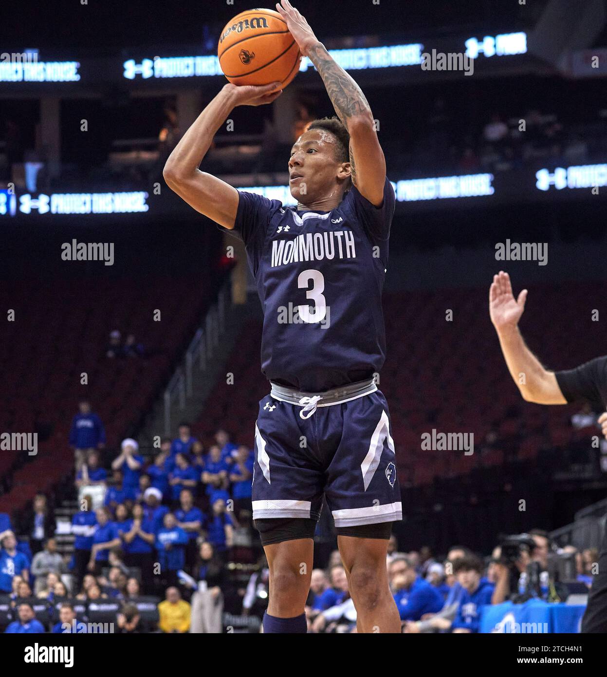 Monmouth Hawks guard Jakari Spence (3) shoots a three point attempt ...