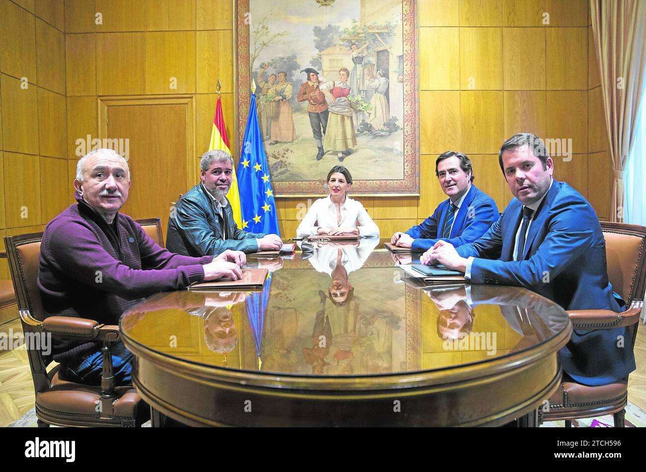 Madrid, 01/22/2020. The new Minister of Labor and Social Economy, Yolanda Díaz, meets with the leaders of the majority unions, CC.OO. and UGT, and with those of CEOE. Photo: Ángel de Antonio. ARCHDC. Credit: Album / Archivo ABC / Ángel de Antonio Stock Photo