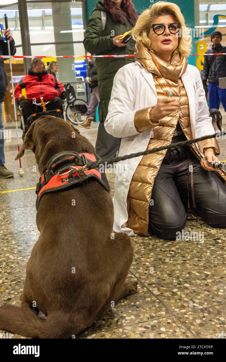 PRODUCTION - 02 December 2023, Hesse, Frankfurt/Main: Vet Maja Firlé treats Labrador dog Pamuk in Frankfurt's Hauptwache subway station. The founder of the 'Tier-Not-Hilfe' association, Maja Firlé, and her colleagues treat animals free of charge for people who cannot afford to go to the vet. (to dpa-KORR Help for Mimi the cat - associations help with vet costs) Photo: Helmut Fricke/dpa Stock Photo