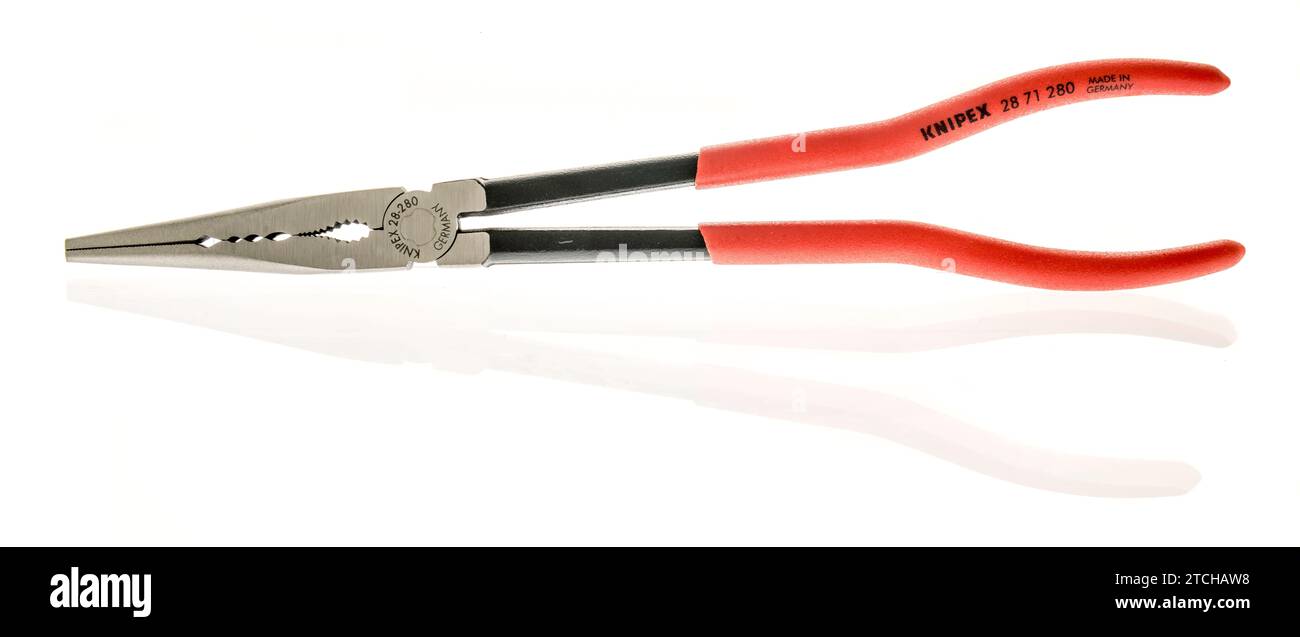 Winneconne, WI - 2 December 2023: A package of Knipex extra long needle nose pliers on an isolated background Stock Photo
