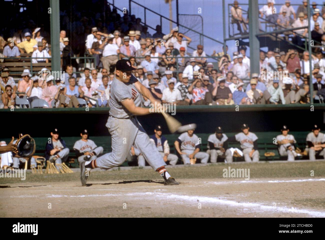 ST. PETERSBURG, FL - MARCH 12: Bob Nieman #18 of the Chicago White Sox swings at the pitch during an MLB Spring Training game against the New York Yankees on March 12, 1956 in St. Petersburg, Florida. (Photo by Hy Peskin) *** Local Caption *** Bob Nieman Stock Photo