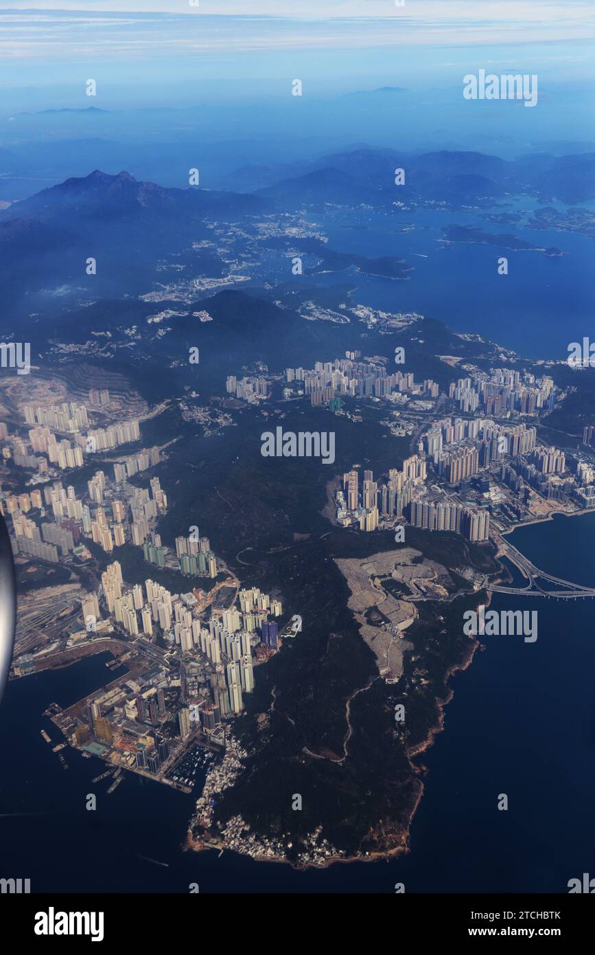 Aerial view of Yau Tong, The Junk Bay Chinese Permanent Cemetery and Tseung Kwan O in Hong Kong. Stock Photo