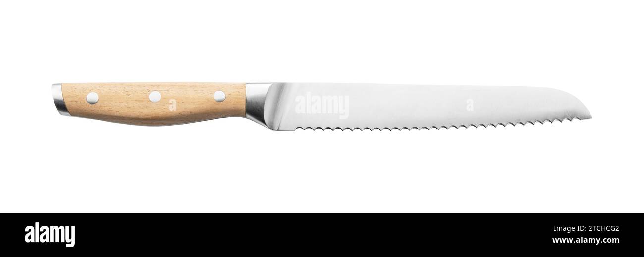 Bread knife placed on white background. View from directly above. Stock Photo