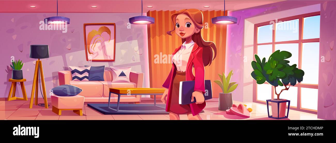 Young businesswoman in modern apartment. Vector cartoon illustration of