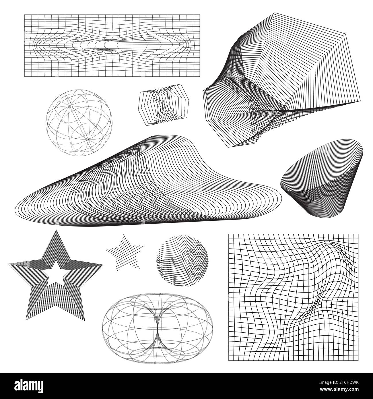 Abstract wireframe figure drawings set isolated on white background. Vector illustration of 3D grid symbols, y2k mesh globe, star, cone, torus, landscape structure, terrain pattern model design Stock Vector