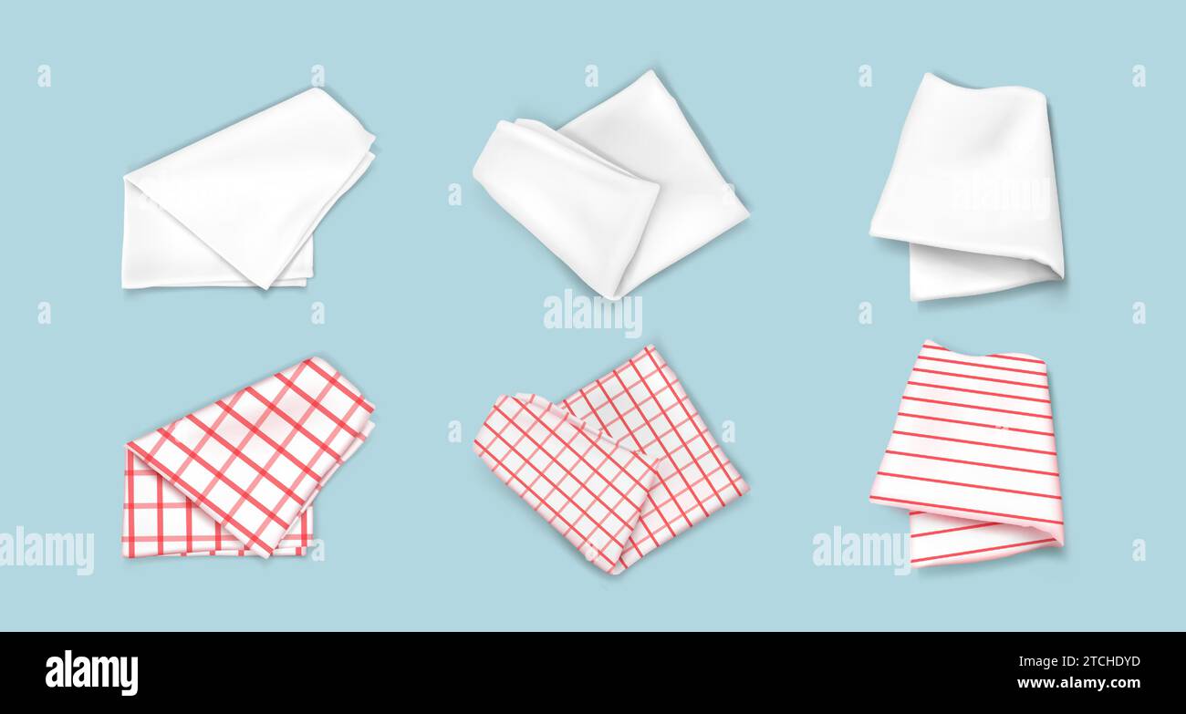 Folded white, checkered, striped kitchen towels set isolated on background. Vector realistic illustration of fabric handkerchief, tablecloth for restaurant or home design, clean linen after laundry Stock Vector