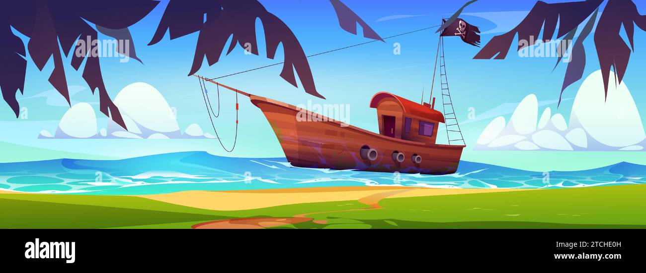 Cartoon summer seascape with pirate ship with black flag floating on sea or ocean water near shore covered with green grass with palm trees and blue sky with clouds. Corsair boat in lagoon near beach. Stock Vector