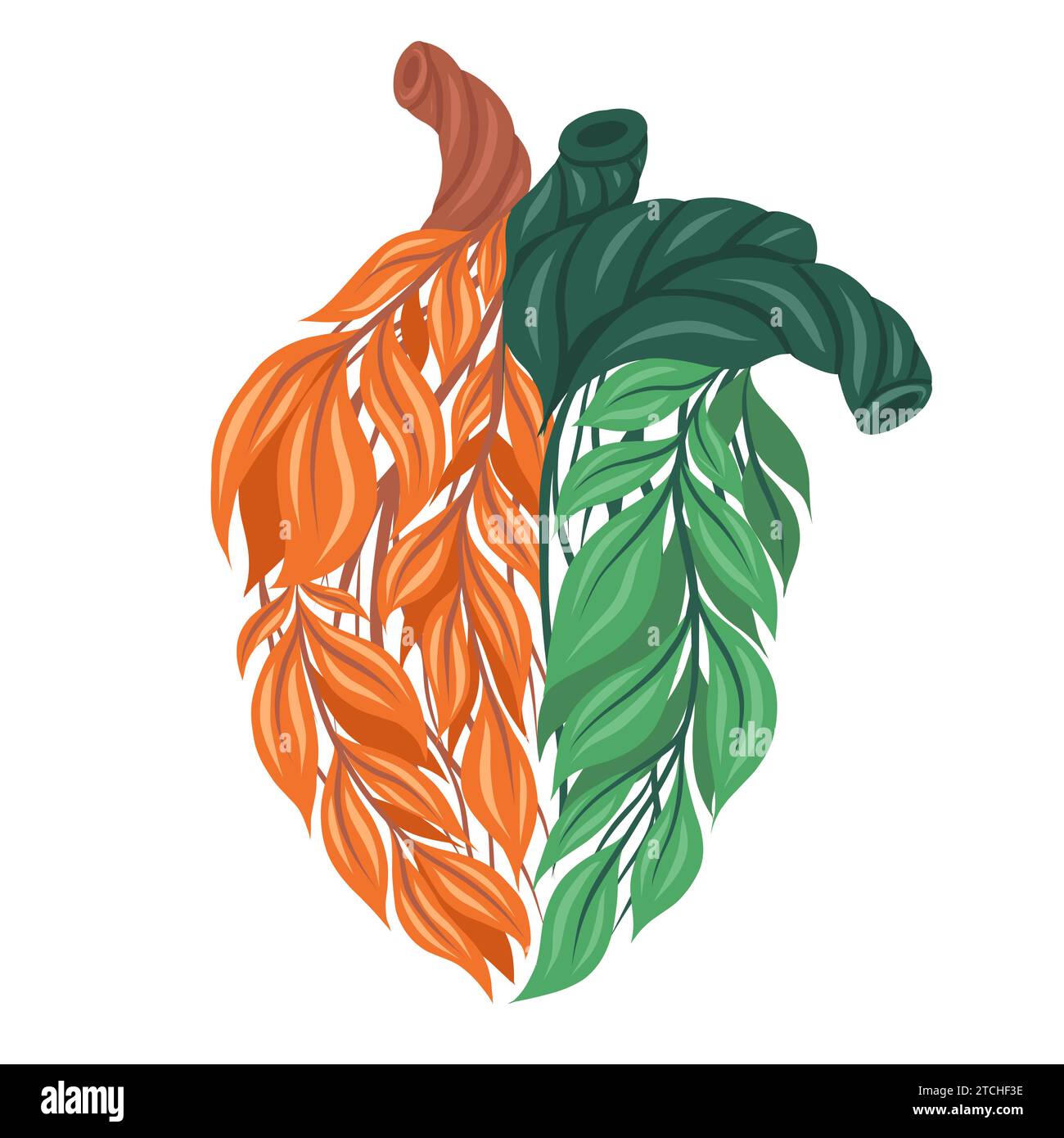 Vector clipart of half healthy and unhealthy human heart made of leaves isolated from background. Healthy and unhealthy balanced lifestyle. Organ Stock Vector
