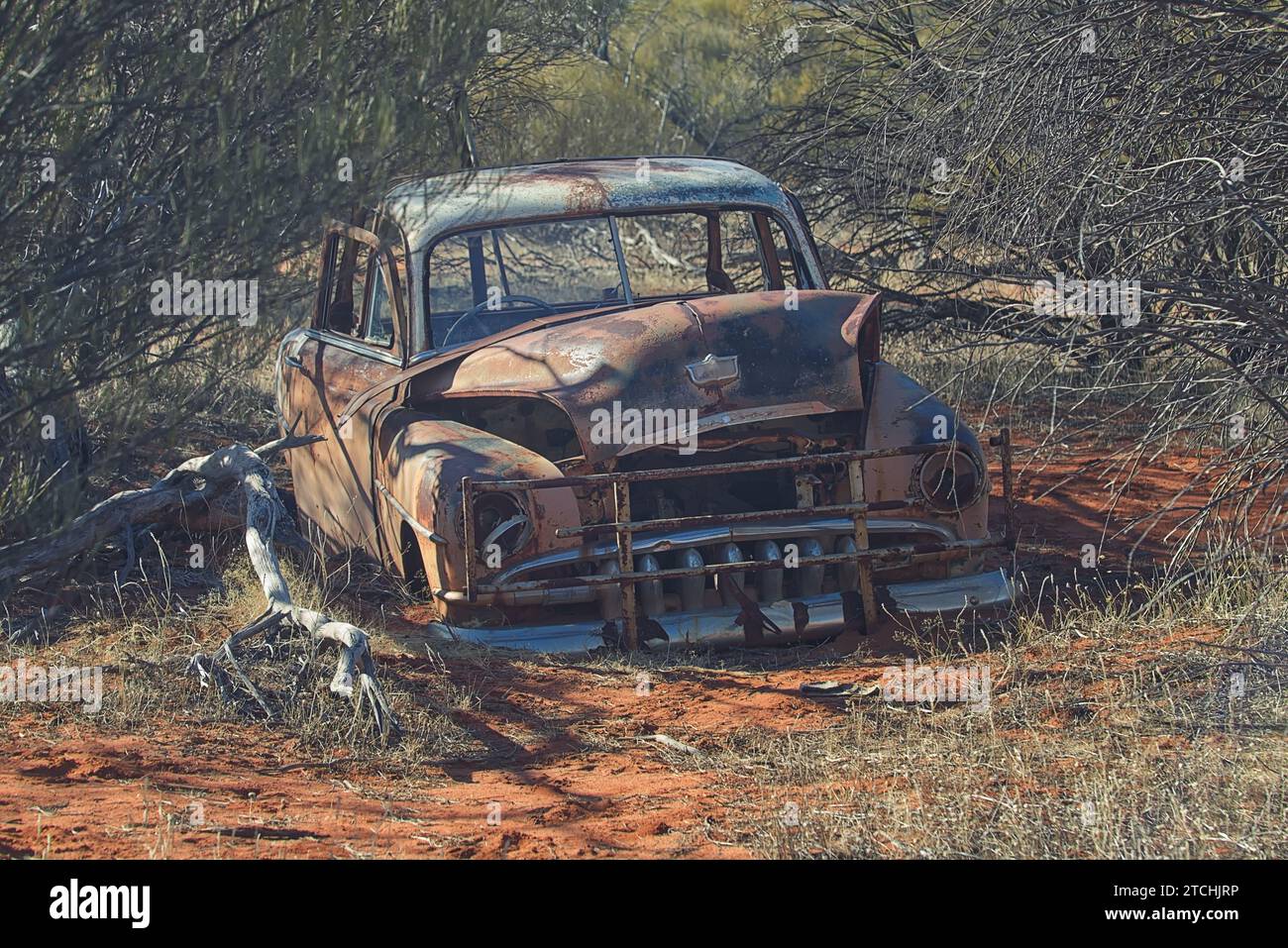 An old 'Roo Shooter's' station wagon abandoned in the bush. WA Wheatbelt. Stock Photo