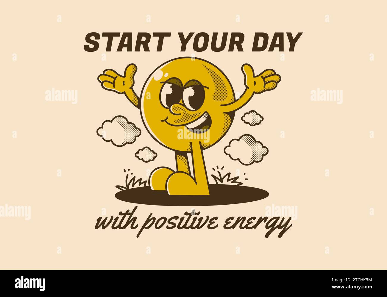 Start your day with positive energy. Ball head mascot character with hands up and happy expression Stock Vector