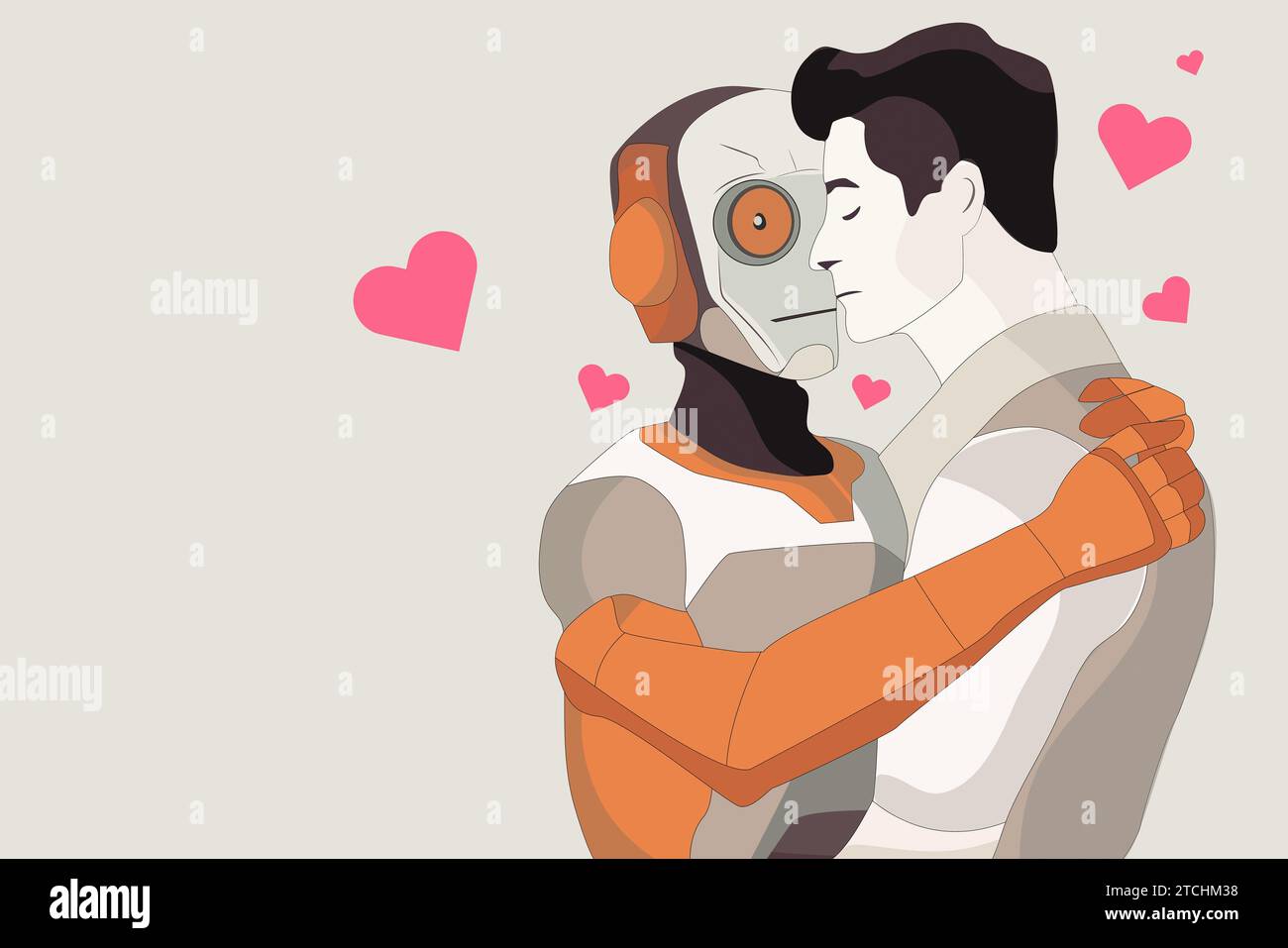 technology smart robot hug man, love - friend -family - brother - sister concept art, valentine heart card design, minimal illustration Stock Photo