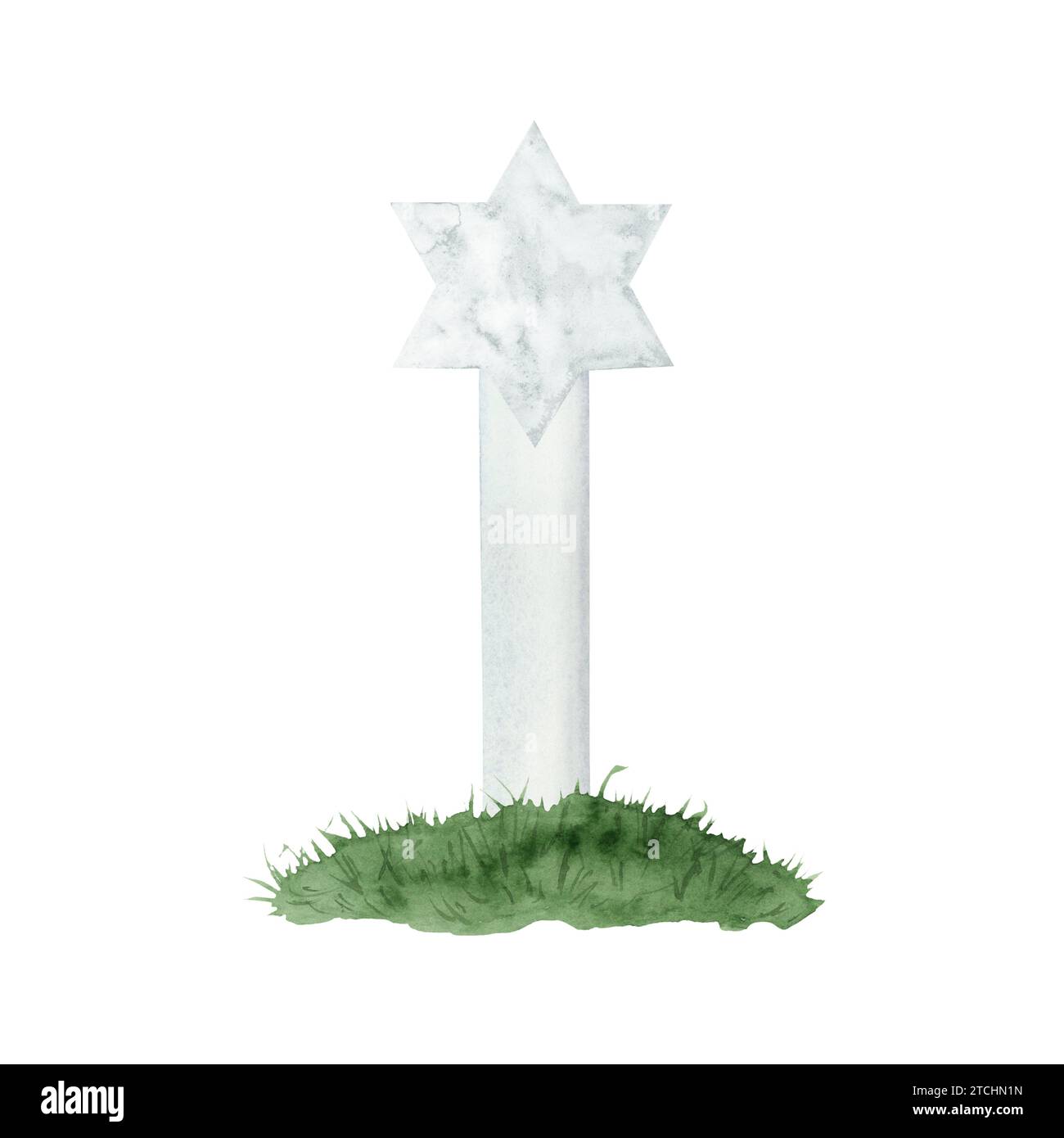 White marble tombstone with star of David for Jewish military cemetery on grass hill template watercolor illustration Stock Photo