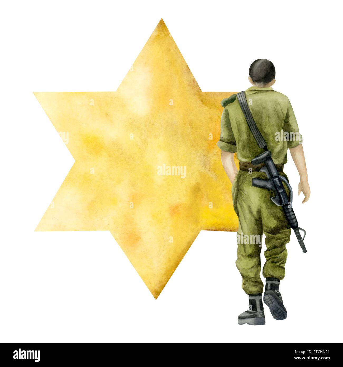 Jewish Israel army soldier with riffle and gold yellow star of David watercolor illustration. Memorial day of fallen Stock Photo