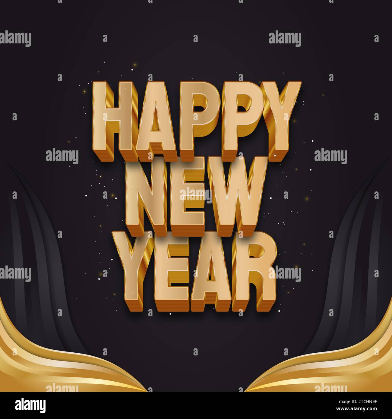 Happy new year greeting banner or poster with 3d gold text on black and ...