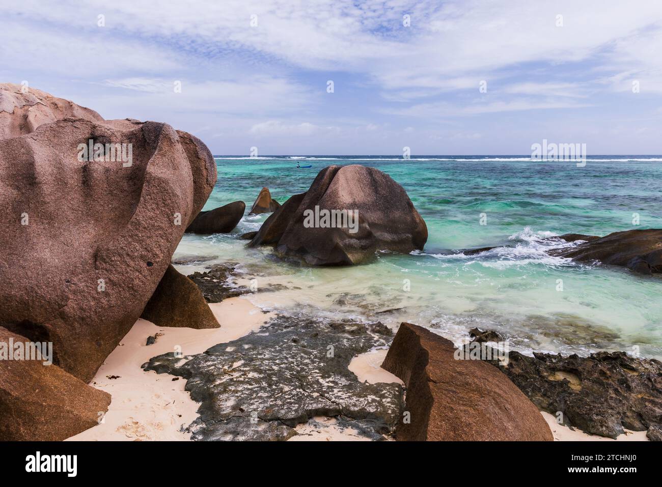 Landscape with rocks at the Anse Union beach. La Digue island, Seychelles Stock Photo