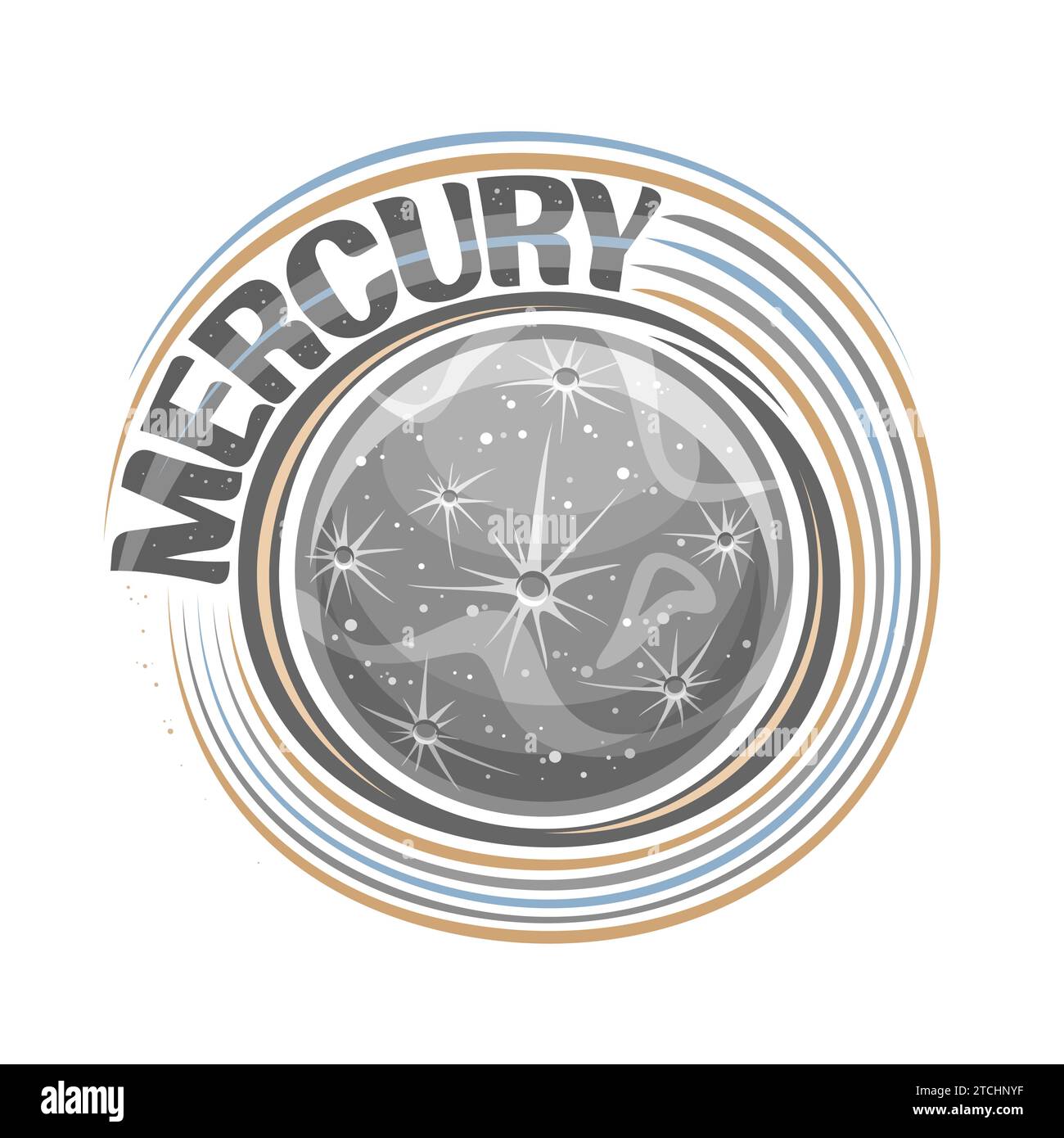 Vector logo for Mercury, decorative cosmic print with rotating planet mercury, stone surface with craters and mountains, cosmo sticker with unique let Stock Vector