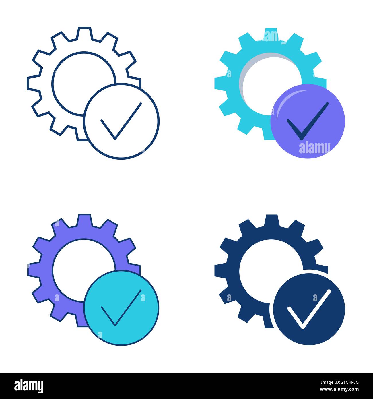Gear with checkmark icon set in flat and line style. Process control
