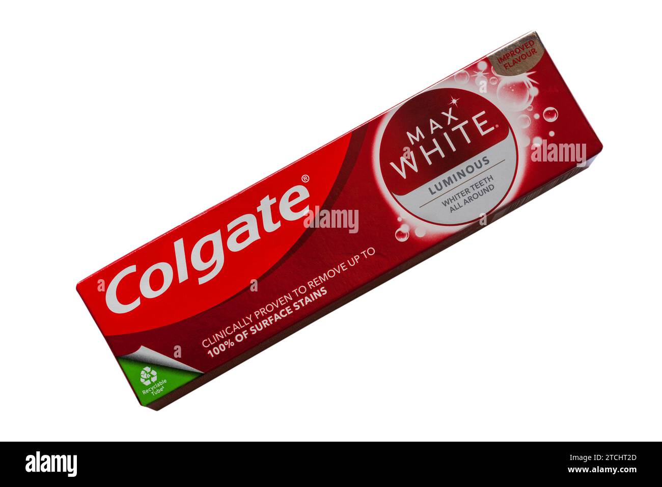 Box of Colgate Max White Luminous Fluoride Toothpaste on white
