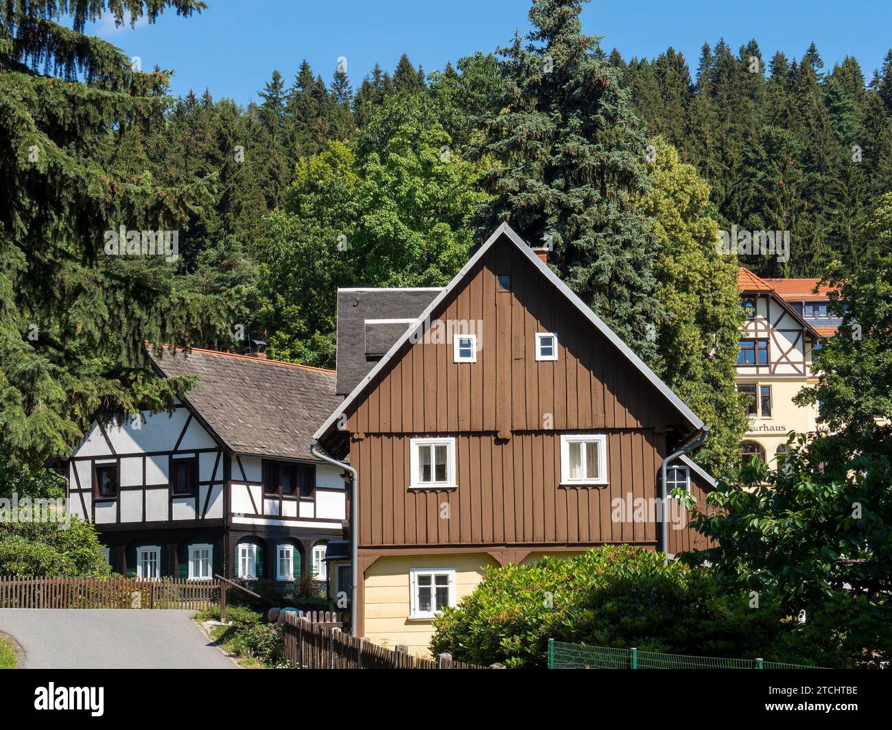 Halftimbered houses and Umgebindehaeuser on Dorfstrasse, Lueckendorf