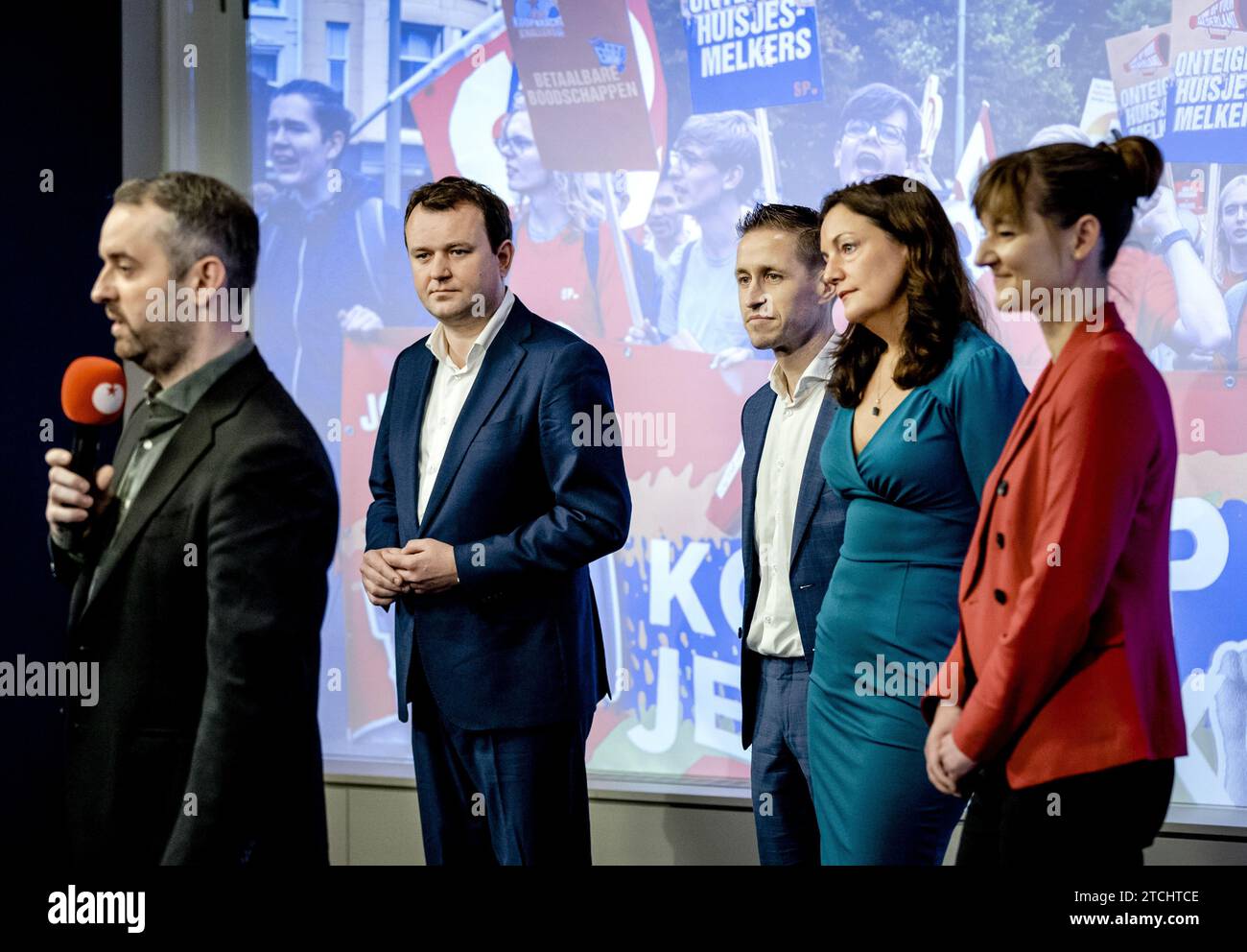 THE HAGUE - (L-R) Jimmy Dijk, Bart van Kent, Michiel van Nispen and Sandra Beckerman announce the new SP party leader. Marijnissen is resigning as party leader and MP of the SP. The disappointing election result for the party is the reason for her departure. ANP REMKO DE WAAL netherlands out - belgium out Stock Photo