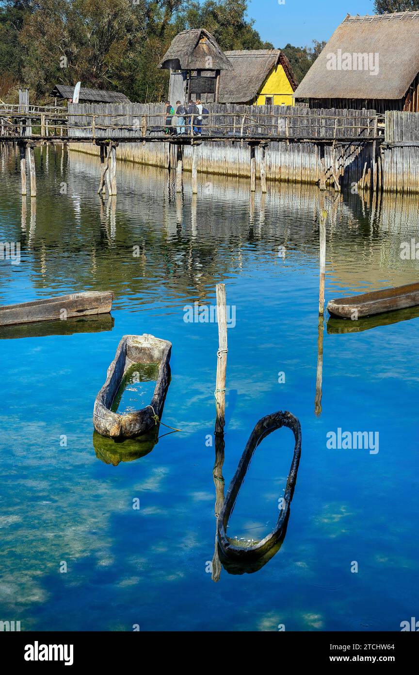 Dugout canoes at the pile dwellings on the shores of Lake Constance, a tourist attraction in the region and the oldest open-air archaeological museum Stock Photo
