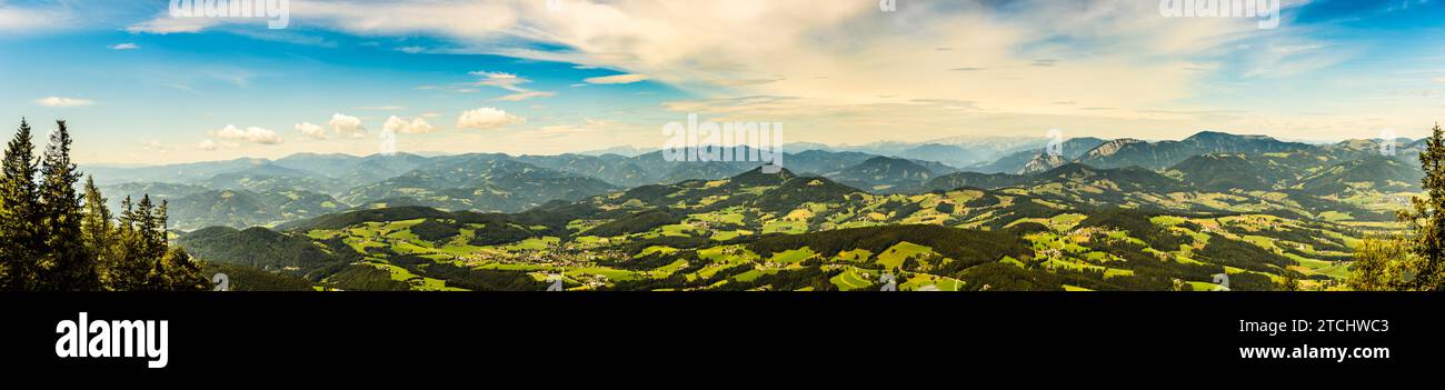 Panorama landscape view during sunset in summer from Graz Schockl mountain in Styria, Austria. Famous tourist destination, hiking and mountain biking Stock Photo