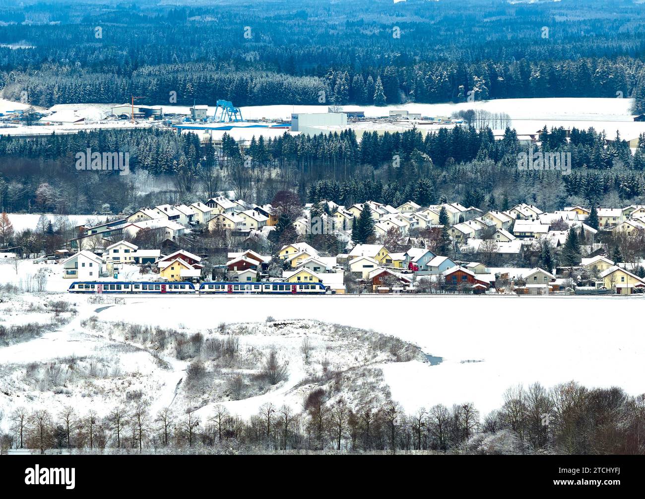Drone photo of the Bavarian landscape with a BRB regional train in the morning in Marktoberdorf, Germany, Nov 29, 2023.  © Peter Schatz / Alamy Stock Photos Stock Photo