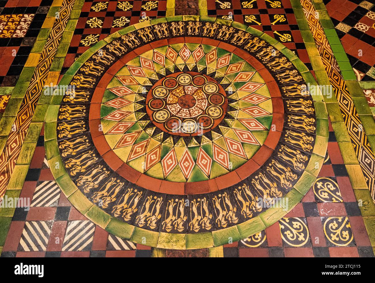 Colorful pavement with circular design in Christchurch Cathedral, medieval church built in 11th century, Dublin city center, Ireland. Stock Photo