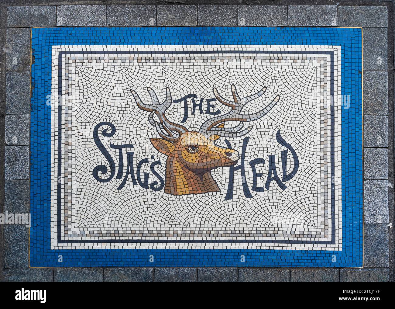 A mosaic pavement in front of the entrance of Stag's Head historical pub in Dame street, Dublin city center, Ireland Stock Photo