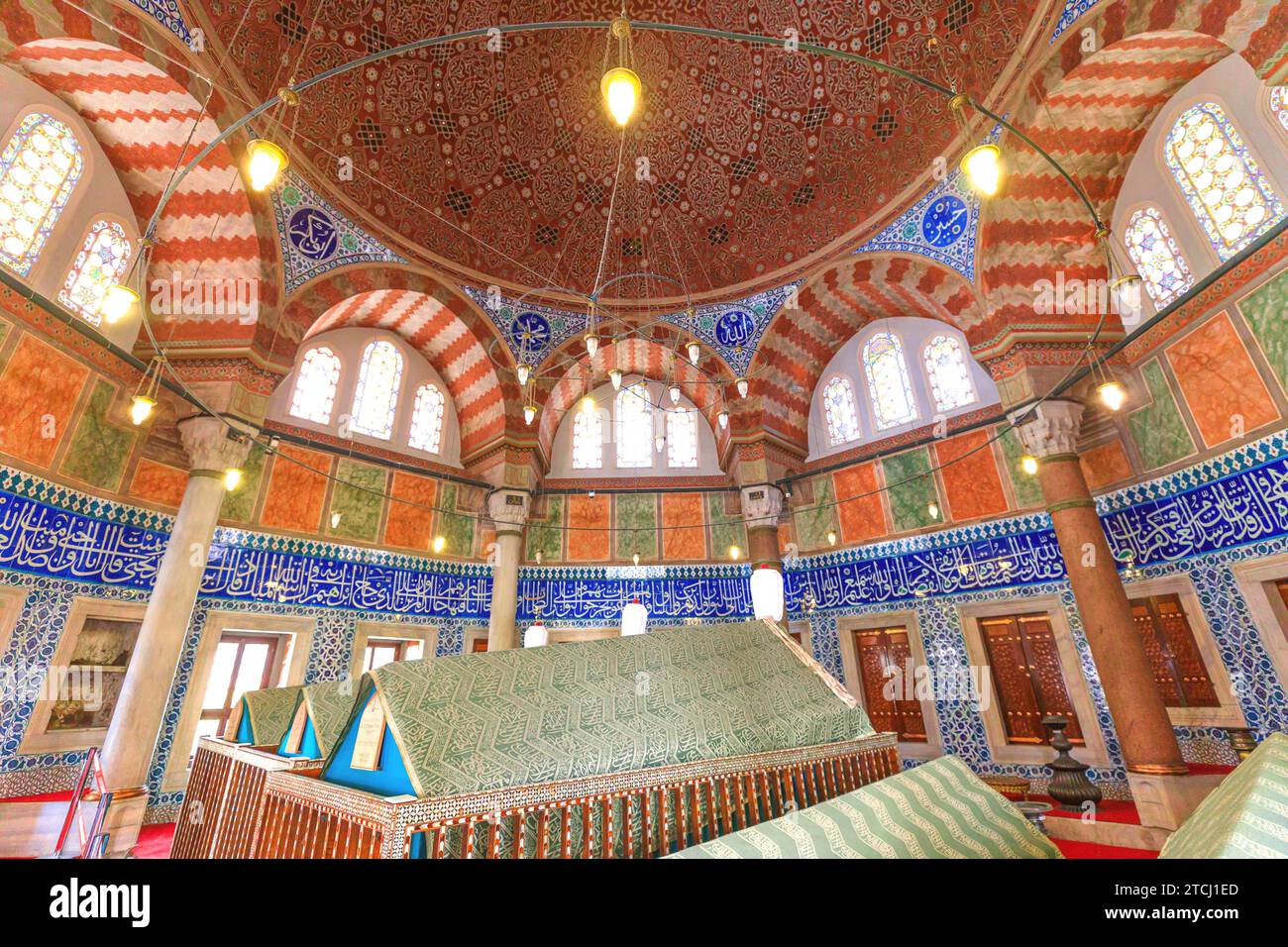 Istanbul, Turkey - Aug 1, 2023: Mausoleum graveyard of Suleymaniye Mosque in Istanbul. With tombs of famous persons like Gazi Osman Pasa and Mimar Stock Photo