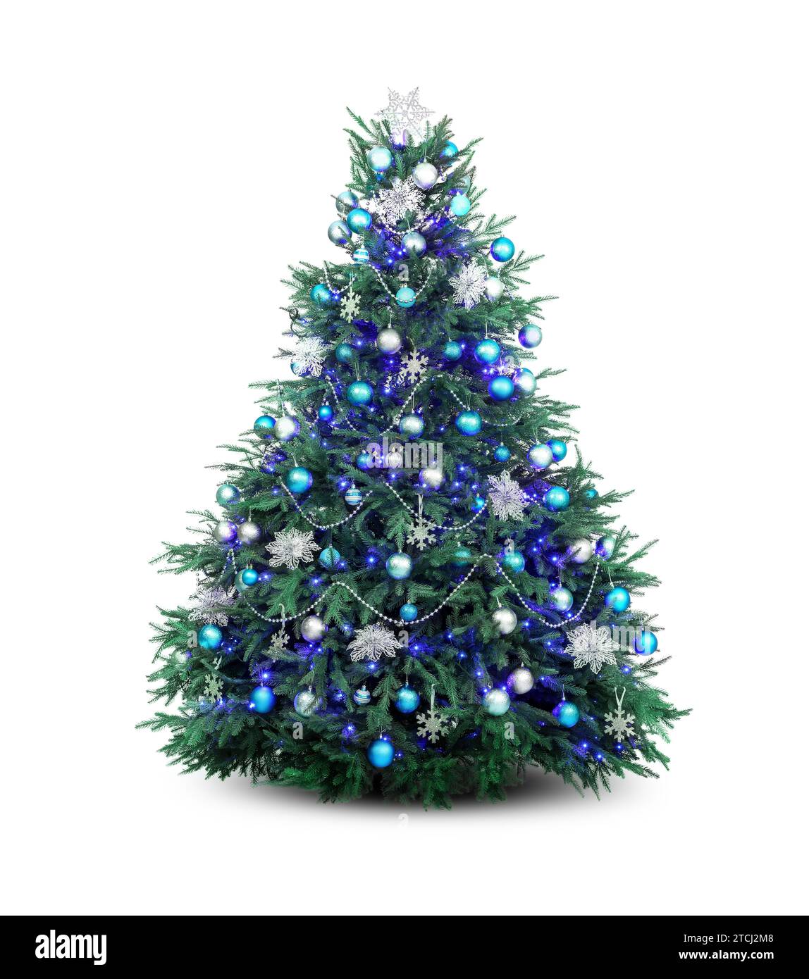Beautiful Christmas tree decorated with ornaments and festive lights