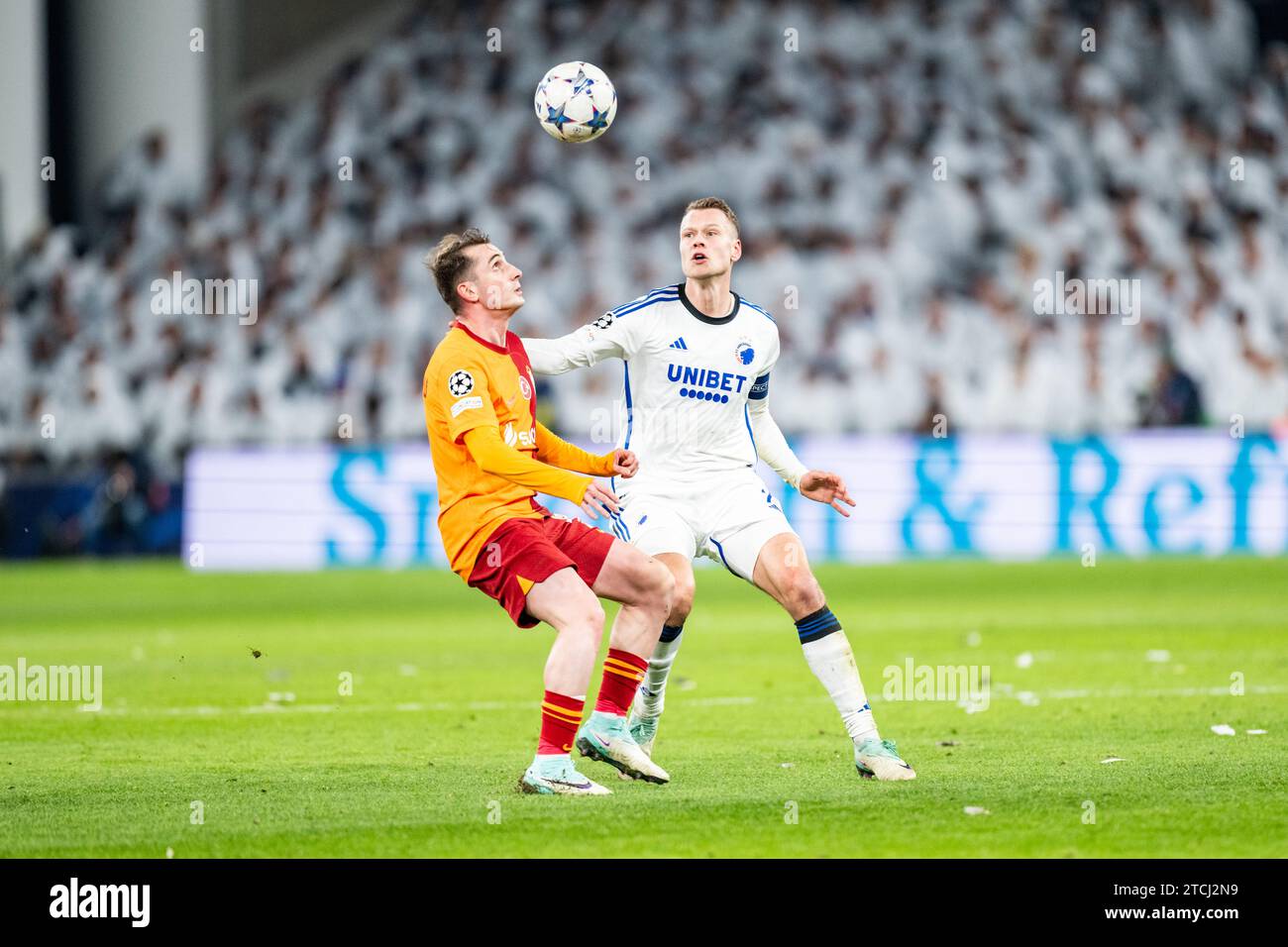 Copenhagen, Denmark. 12th Dec, 2023. Kerem Akturkoglu (7) of Galatasaray and Viktor Claesson (7) of FC Copenhagen seen during the UEFA Champions League match between FC Copenhagen and Galatasaray at Parken in Copenhagen. (Photo Credit: Gonzales Photo/Alamy Live News Stock Photo