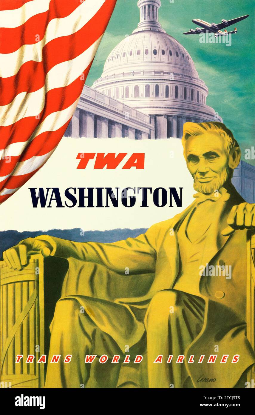 TWA Airlines - Washington, feat Abraham Lincoln, Lincoln Memorial (c.1950) Travel Poster - Frank Lacano Artwork Stock Photo