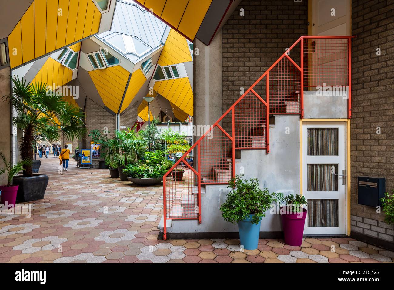 Inner street of the Cube houses architectural ensemble located in Rotterdam, Netherlands, designed by dutch architect Piet Blom and built in 1984. Stock Photo