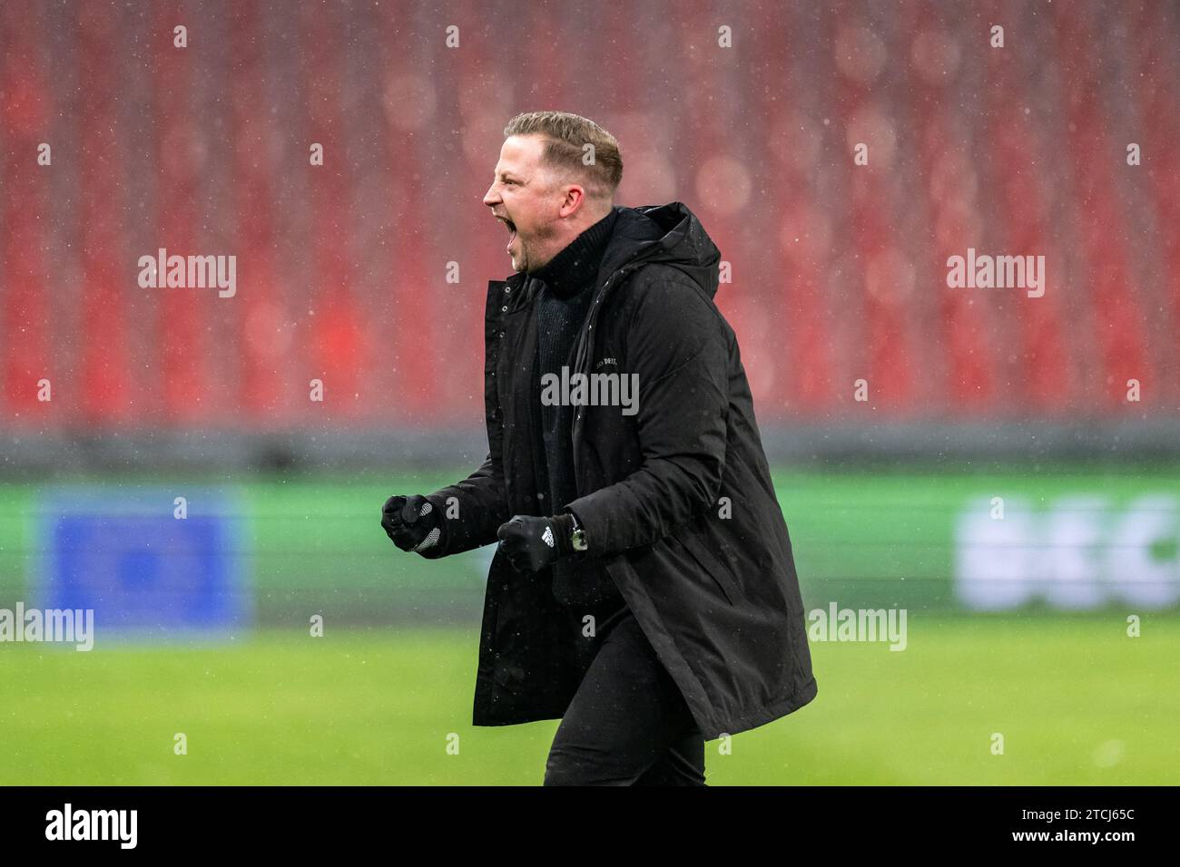 Copenhagen, Denmark. 12th Dec, 2023. Head coach Jacob Neestrup of FC Copenhagen seen in celebration after the UEFA Champions League match between FC Copenhagen and Galatasaray at Parken in Copenhagen. (Photo Credit: Gonzales Photo/Alamy Live News Stock Photo