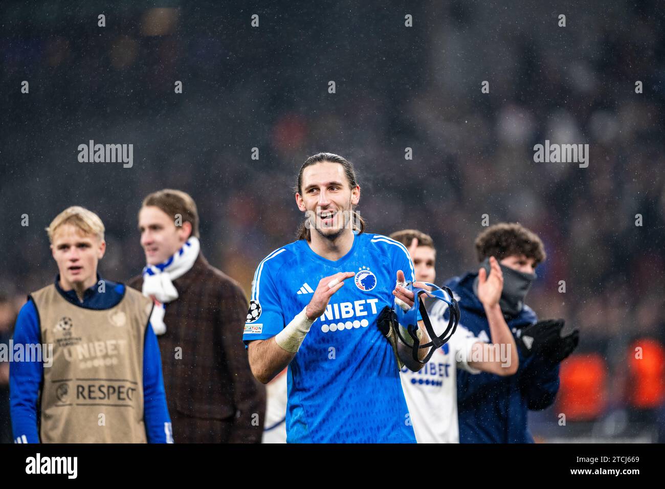 Copenhagen, Denmark. 12th Dec, 2023. Goalkeeper Kamil Grabara (1) of FC Copenhagen seen in celebration after the UEFA Champions League match between FC Copenhagen and Galatasaray at Parken in Copenhagen. (Photo Credit: Gonzales Photo/Alamy Live News Stock Photo