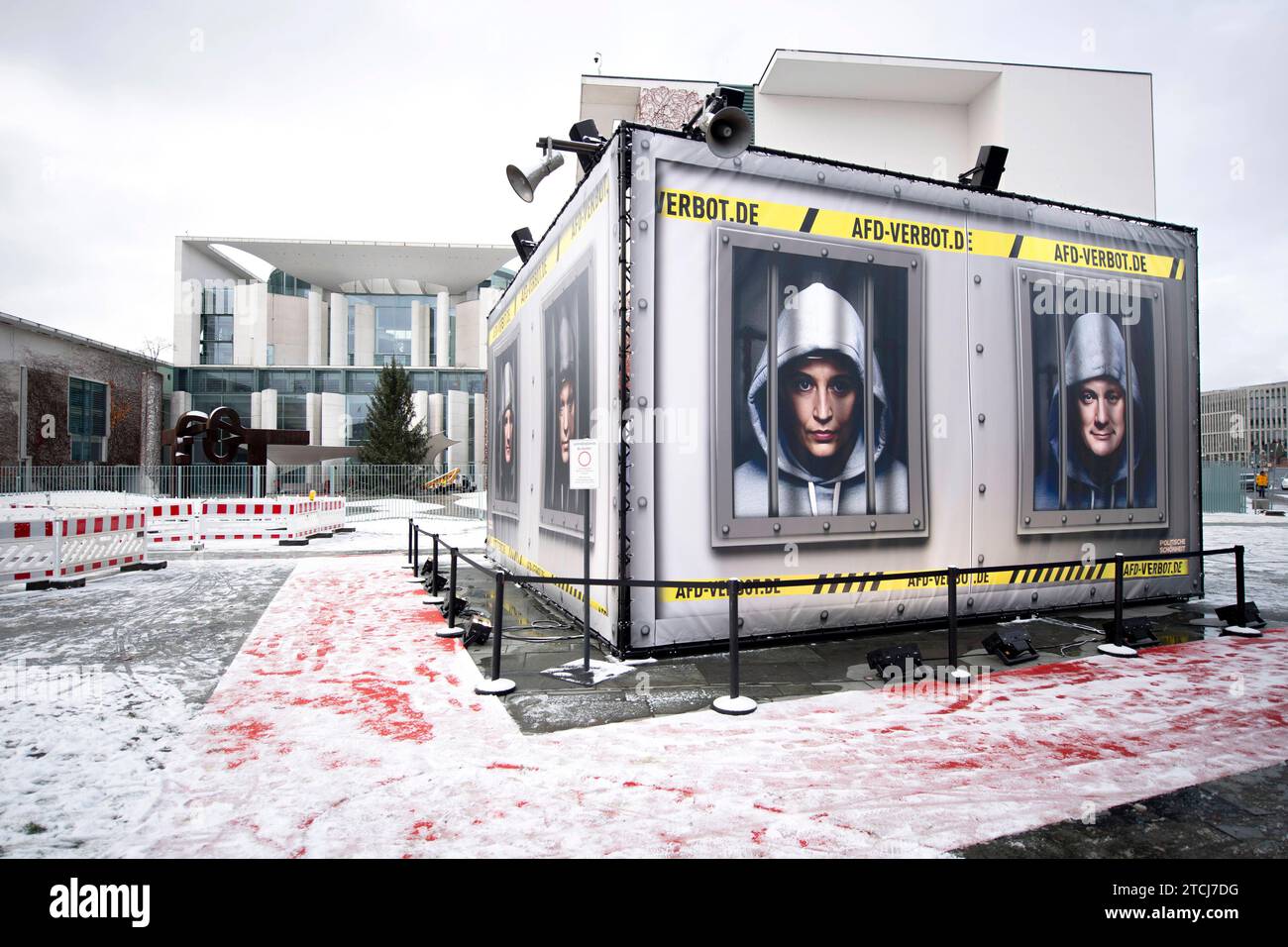 Aktion Zentrum fuer Politische Schoenheit - Verbot AfD DEU, Deutschland, Germany, Berlin, 28.11.2023 Kunstaktion der Kunstaktivisten vom Zentrums fuer Politische Schoenheit ZPS mit KI produzierte Fotos von Bjoern Hoecke , Stephan Ernst , Alice Weidel und Tino Chrupalla hinter Gitterstaeben fuer ein Verbot der Alternative für Deutschland AfD vor dem Kanzleramt in Berlin Deutschland . Die Aktion dient dazu, Beweise und Hinweise zu sammeln, um einen Verbotsantrag gegen die Partei AfD zu erwirken. en: Art action by the art activists from the Center for Political Beauty ZPS with AI produced photos Stock Photo