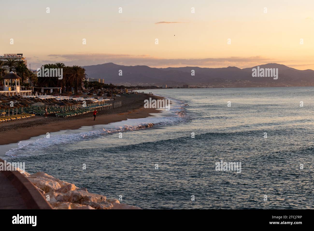 View of Bajondillo Beach in Torremolinos at sunrise. Costa del Sol, Spain. Stock Photo