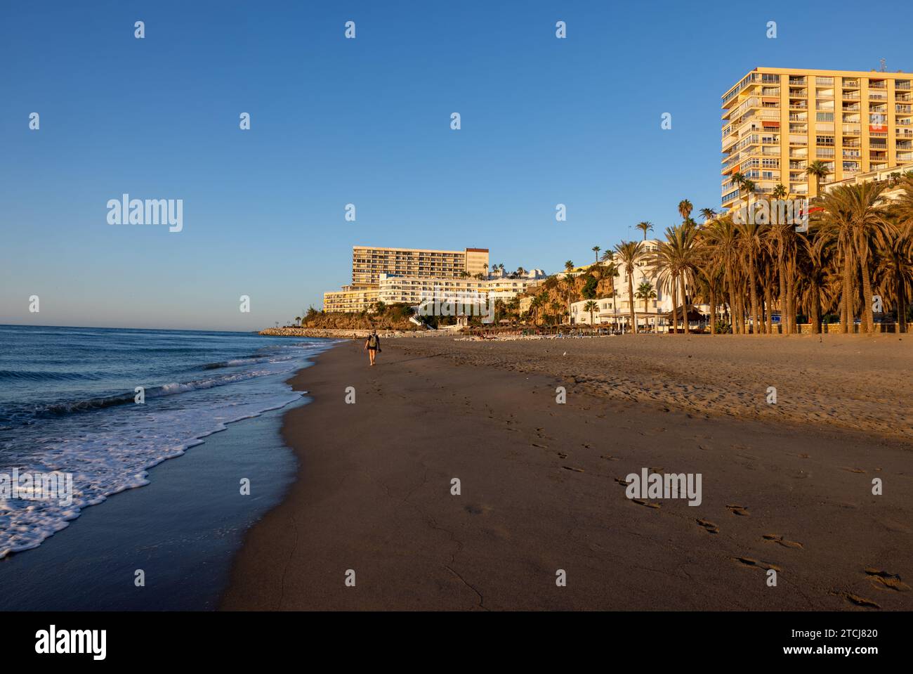 Torremolinos, Spain - September 12, 2023: View of Bajondillo Beach and hotels in Torremolinos at sunrise. Costa del Sol, Spain. Stock Photo