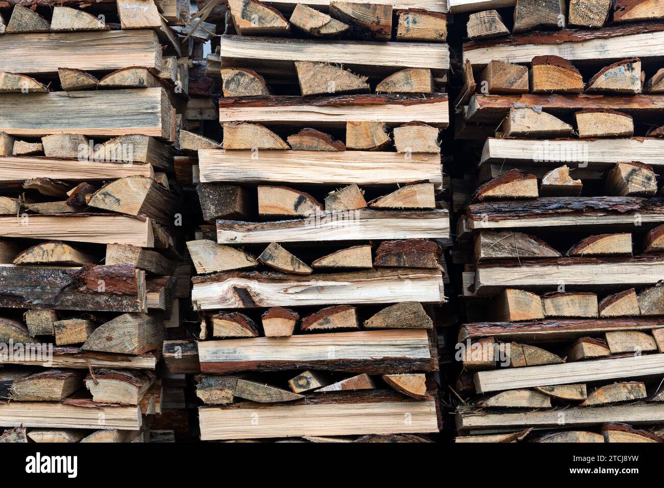 Woodpile lies in a heap, chopped for burning in furnace. Finely chopped and stacked firewood, background. Laid dry firewood, texture, background. Fire Stock Photo