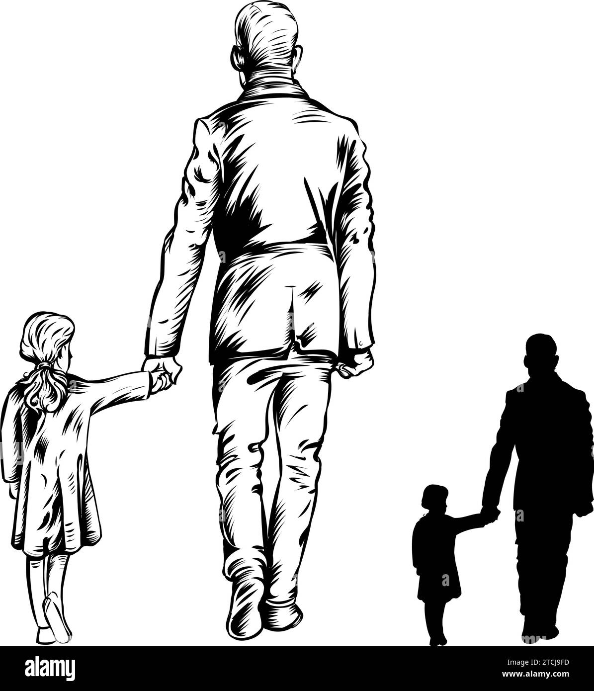 Silhouette of walking father with daughter from back. vector illustration Stock Vector