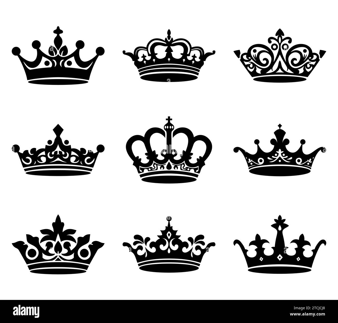 Set of black crown icons silhouette. Collection Coat of arms and royal symbols. Vector illustration Stock Vector