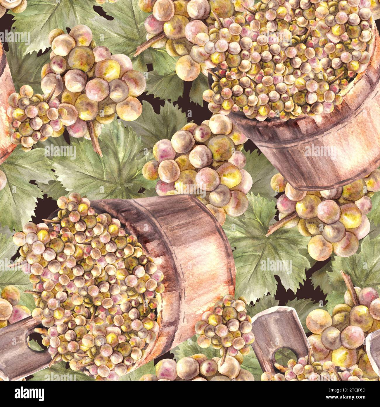 Watercolor seamless pattern. Bunch of green grapes, leaves with wooden bucket with the grape harvest. Grapevine hand painted. Wrapping paper, labels. Stock Photo