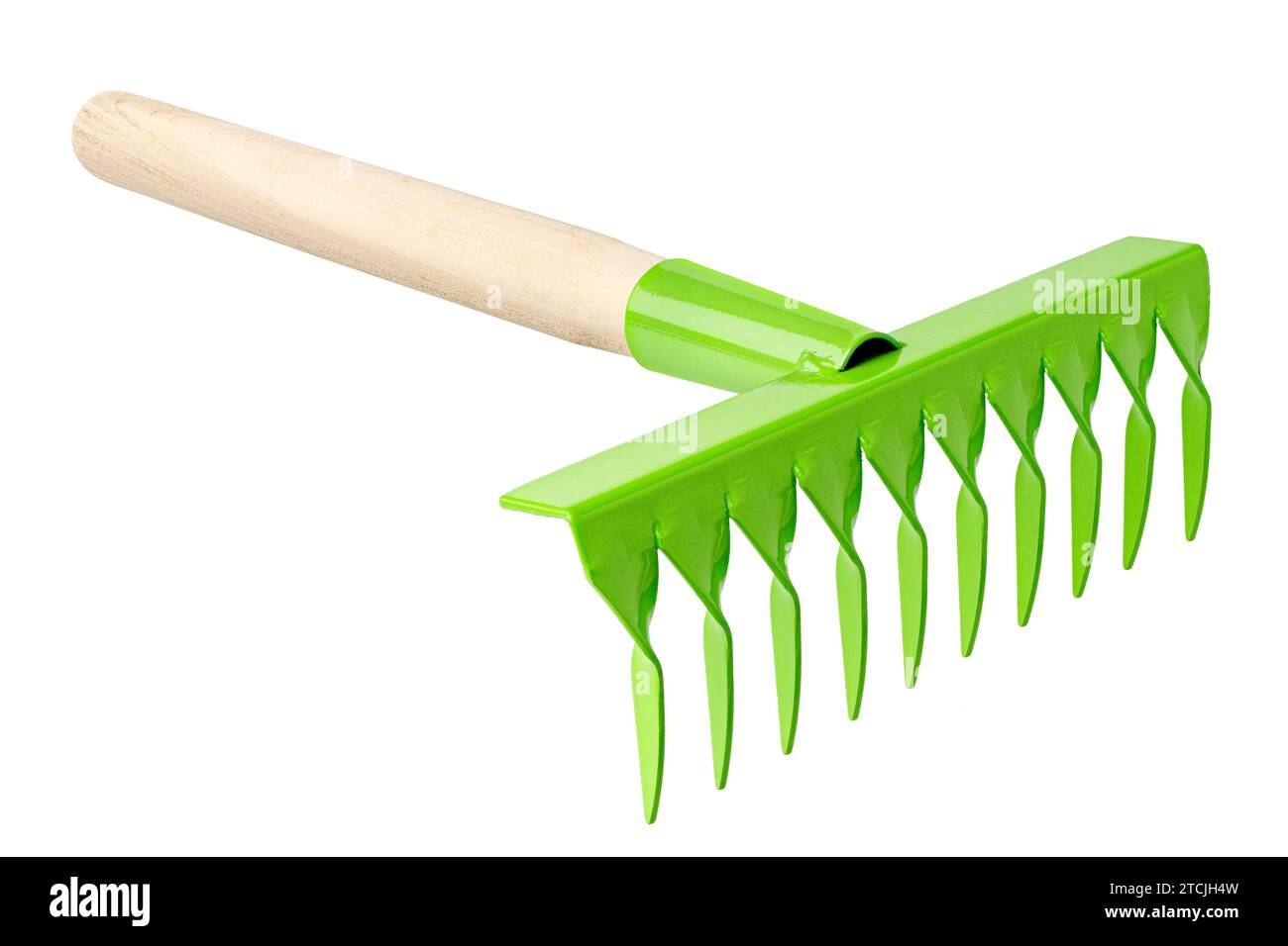 Green metal rake with wooden handle, garden tool, isolated on white background Stock Photo