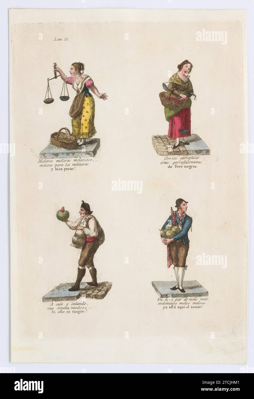Plate 12: four street vendors from Madrid selling dried fruit, cherries, and melons, from 'Los Gritos de Madrid' (The Cries of Madrid) 2022 by Imprenta Real, Madrid Stock Photo