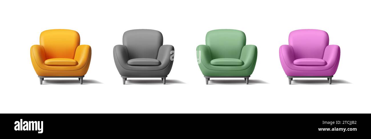 Armchair 3d render set isolated on white. Cartoon soft piece of furniture in four different colours Stock Vector